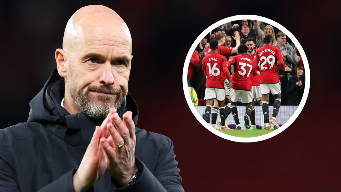 Erik ten Hag applauds the fans. Inset, Manchester United players celebrate a goal against Sheffield United
