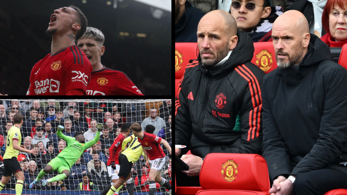 Erik ten Hag and Mitchell van der Gaag watch on against Burnley. Inset images of Antony celebrating, and Andre Onana making a save