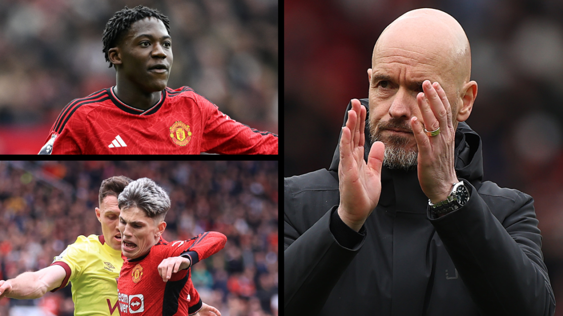 Erik ten Hag applauds after Manchester United v Burnley FC. Inset images of Kobbie Mainoo and Alejandro Garnacho during the match