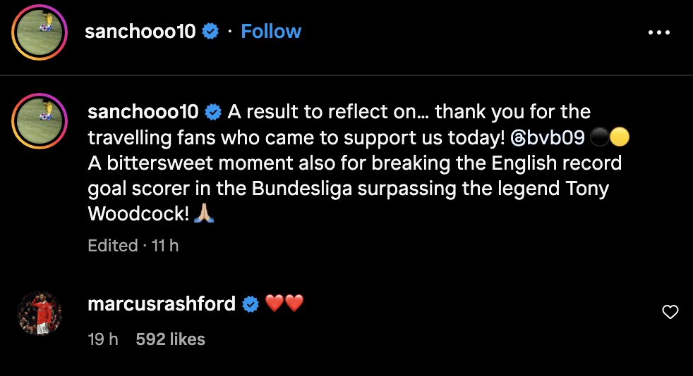 Marcus Rashford’s message to Jadon Sancho after breaking a Bundesliga record. Credit: Instagram