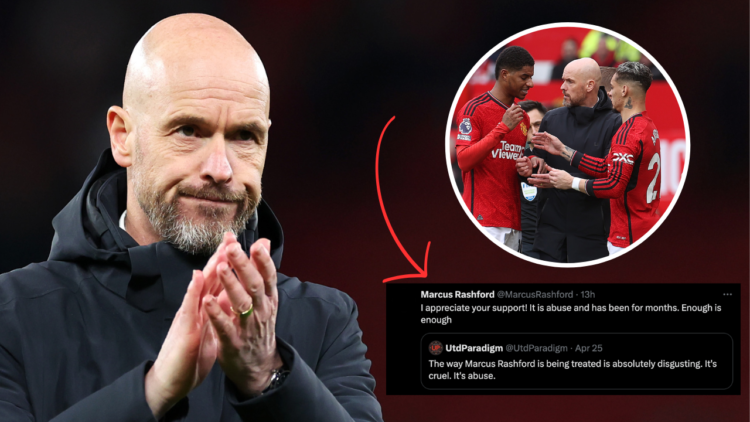 Erik ten Hag applauds. Inset, Erik ten Hag speaks to Marcus Rashford and Antony, message included of Marcus Rashford thanking a Manchester United f...