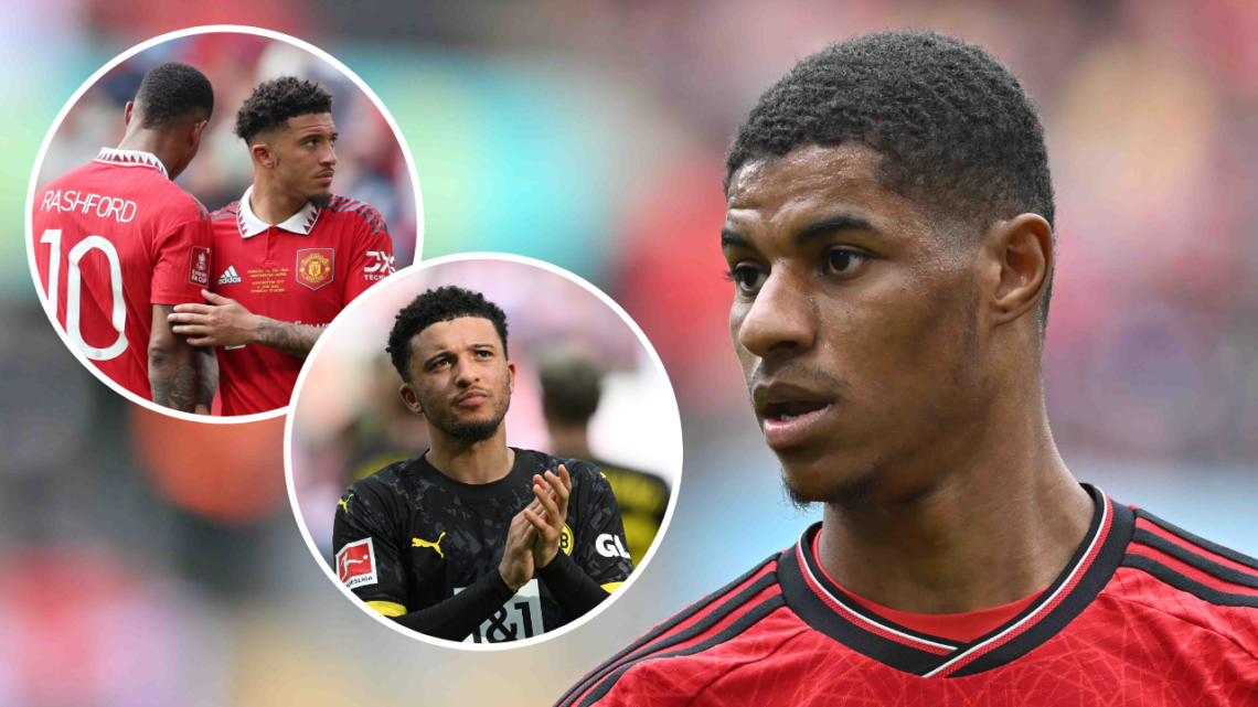 Manchester United player Marcus Rashford, inset two images, one of Jadon Sancho at Borussia Dortmund, two of Sancho and Rashford together at United
