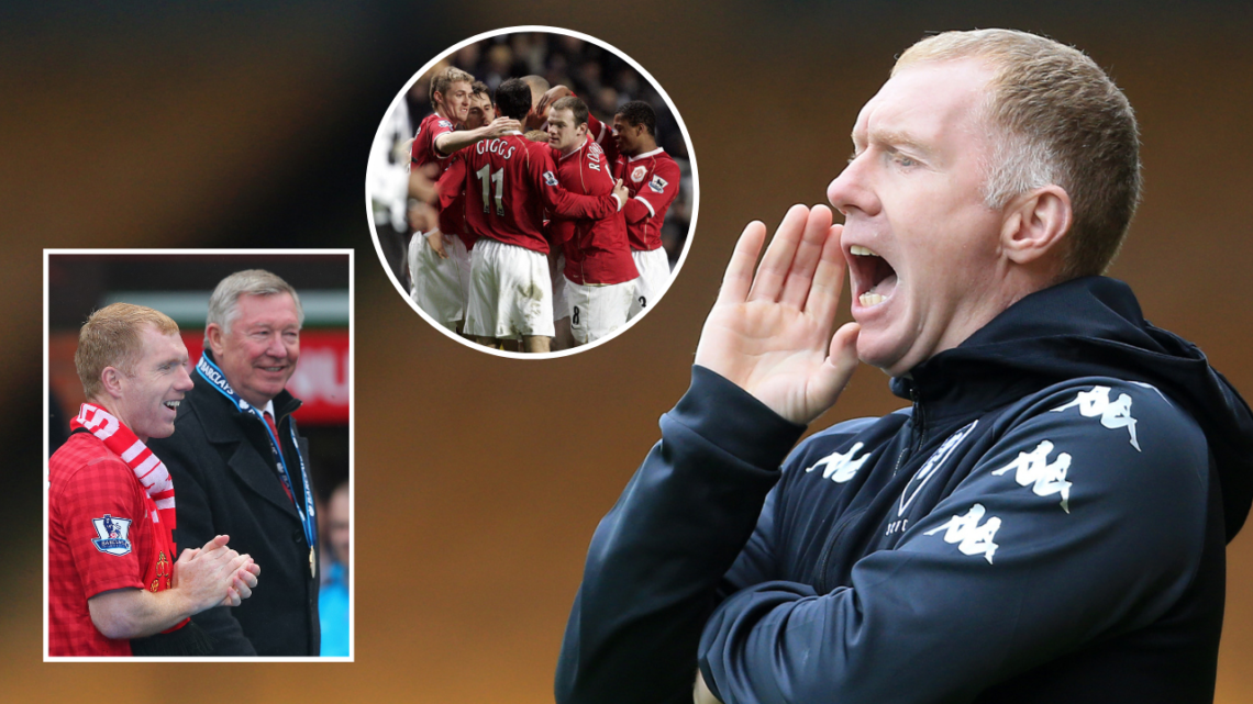 Paul Scholes coaching for Salford City against Port Vale, with an overlay of images from his time at Manchester United.