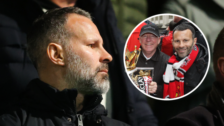 Ryan Giggs watching Salford. Inset, Ryan Giggs celebrates a Premier League title with Sir Alex Ferguson