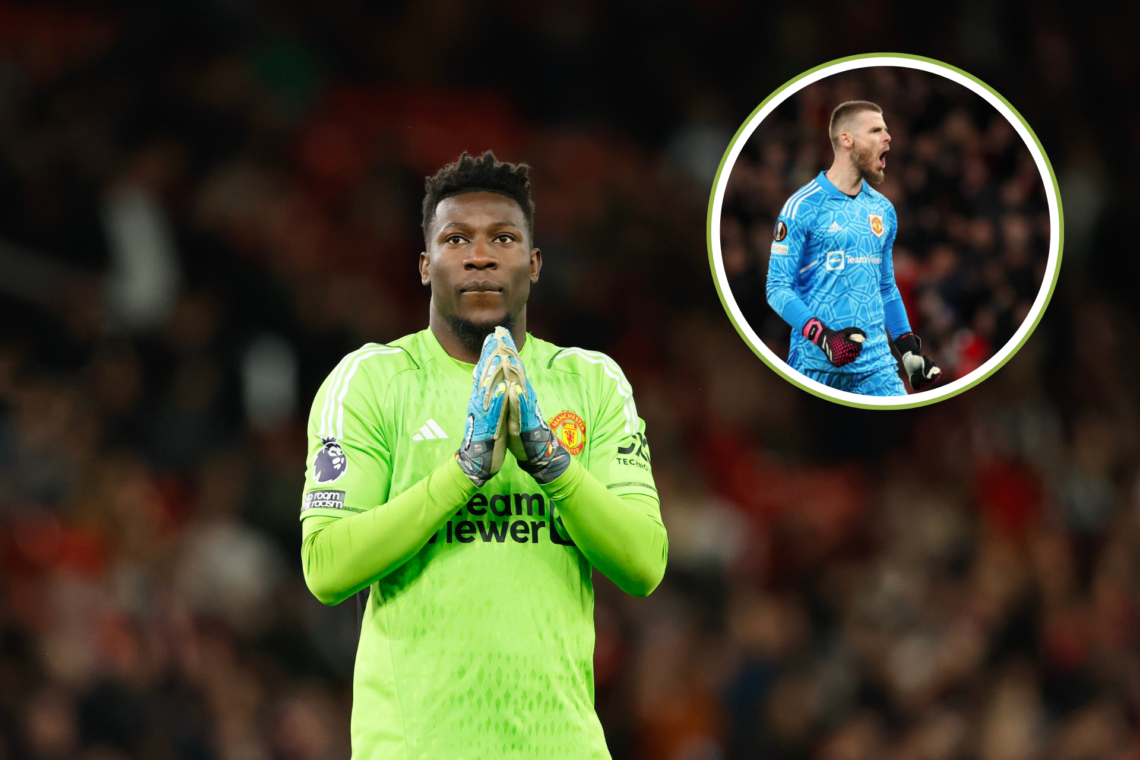 Andre Onana applauds Man Utd fans in 2024. Inset with earlier image of David de Gea playing for the club