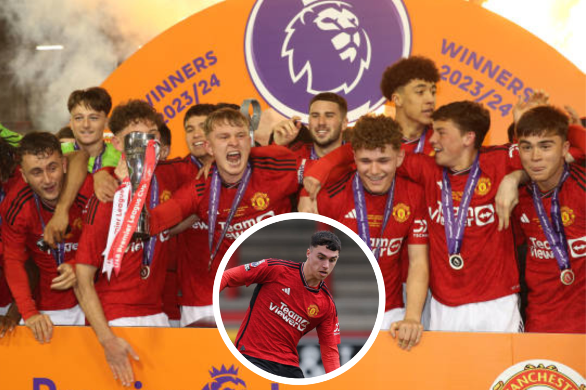 Manchester United under-18s players celebrate wining the U18 Premier League Cup Final. Inset, picture of James Scanlon in action