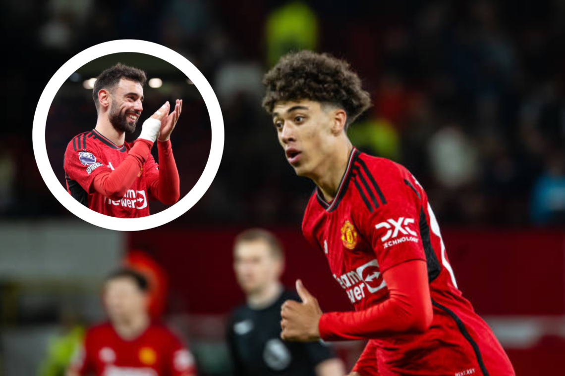 Ethan Wheatley makes his Manchester United debut. Inset, Bruno Fernandes applauds