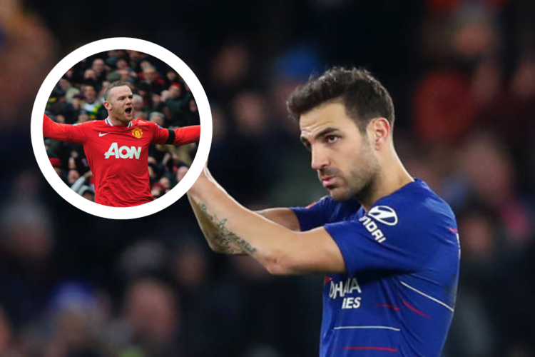 Cesc Fabregas celebrates while playing for Chelsea. Inset image of Wayne Rooney of Manchester United celebrating