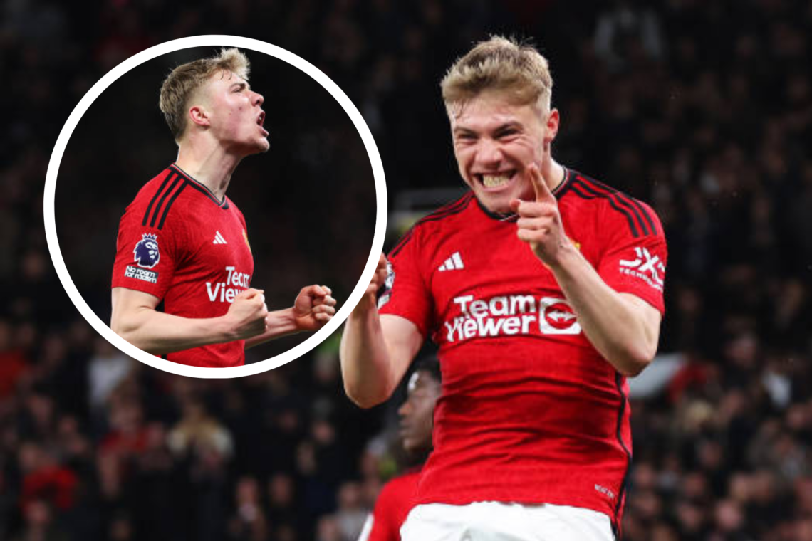 Rasmus Hojlund celebrates scoring a goal for Manchester United. Inset Hojlund celebrates from another angle