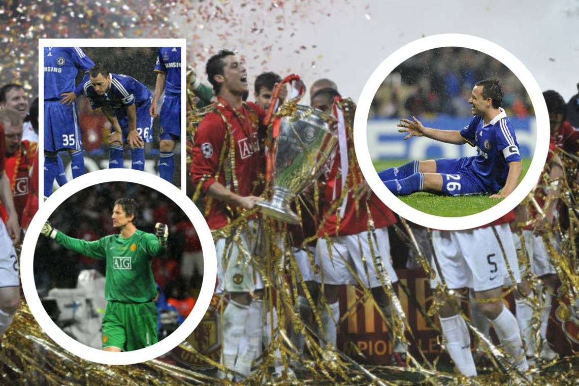 Cristiano Ronaldo celebrates with the 2008 Champions League trophy. Image of John Terry slipping over after his penalty inset. Another image inset ...