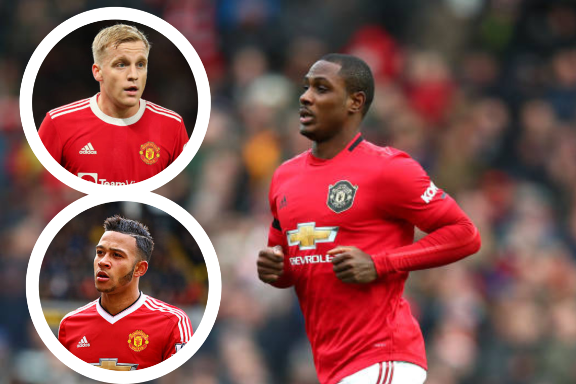 Odion Ighalo playing for Manchester United in 2020. Donny van de Beek and Memphis Depay pictured inset