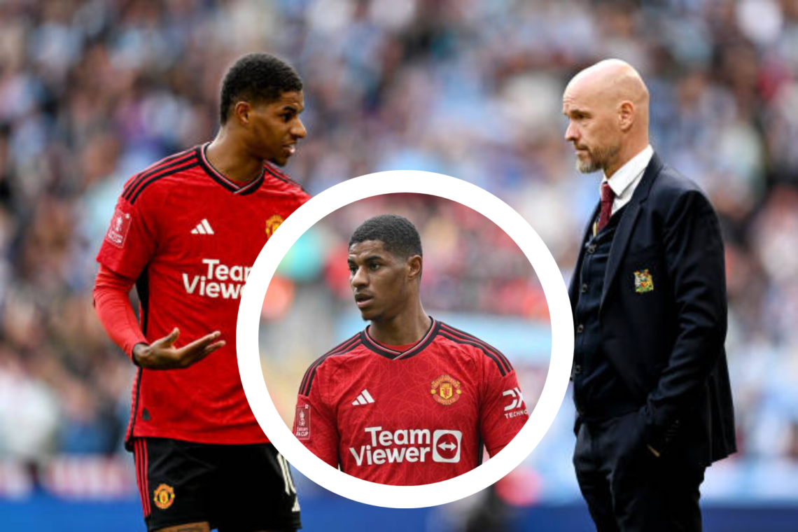 Marcus Rashford of Manchester United is looking on during the FA Cup Semi-Final match between Coventry City and Manchester United. Marcus Rashford ...