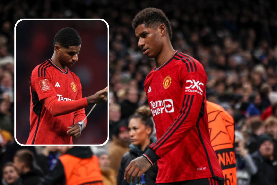 Marcus Rashford dejected after being substituted. Inset image of Rashford walking off from another angle