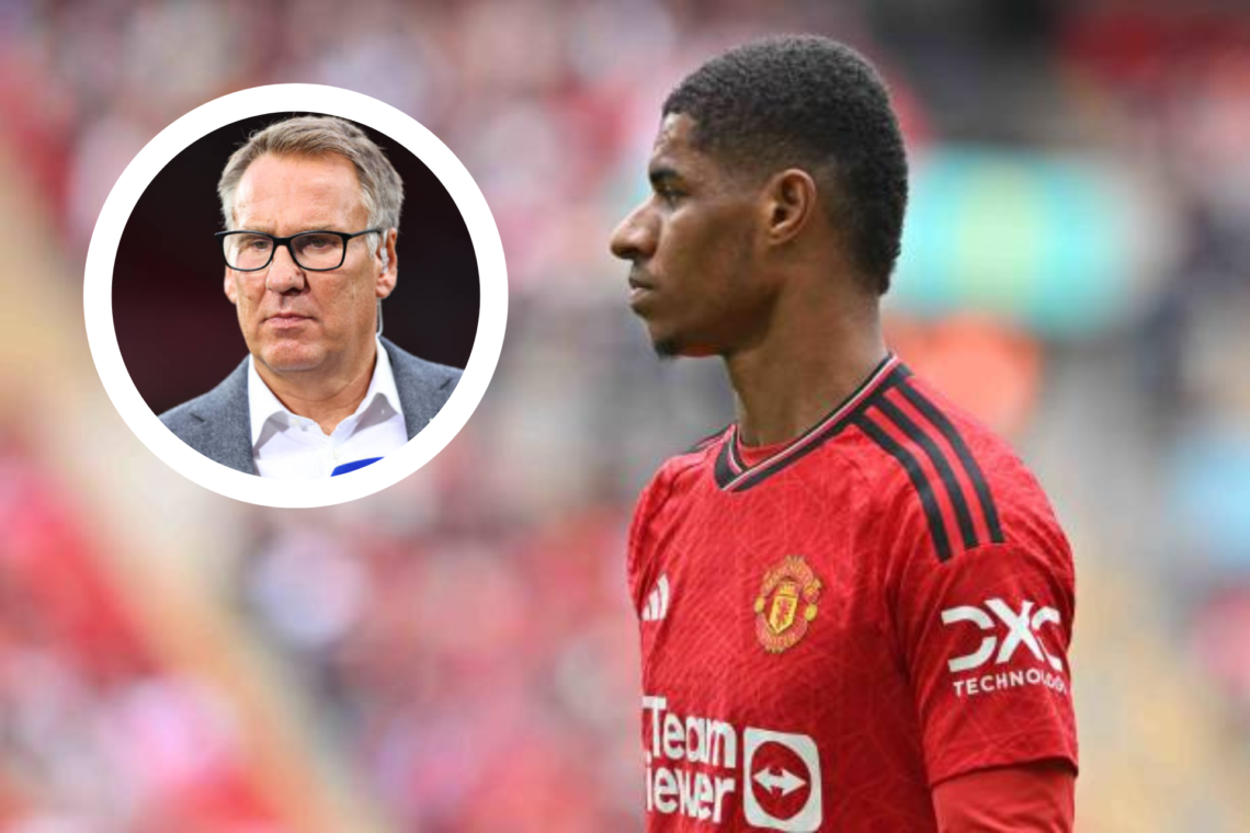 Marcus Rashford looks on for Manchester United. Inset pictured of Sky pundit Paul Merson
