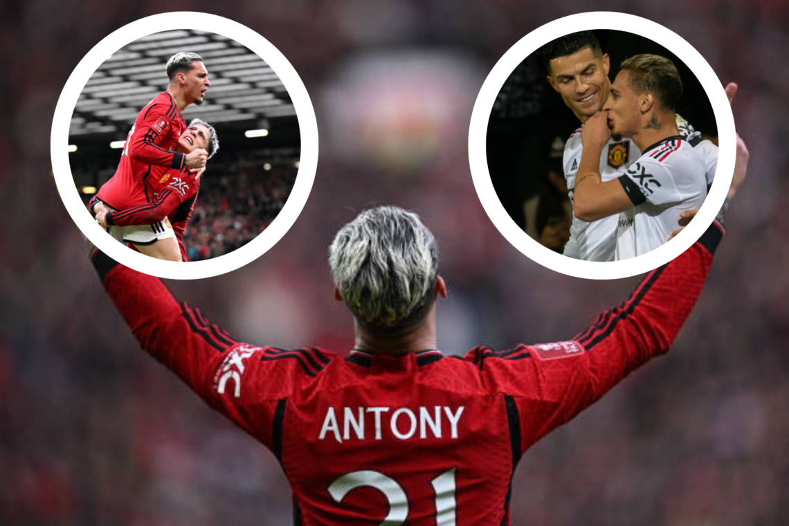Manchester United winger Antony celebrates with two arms aloft. Inset pictures of Antony celebrating with Alejandro Garnacho, and another with Cris...