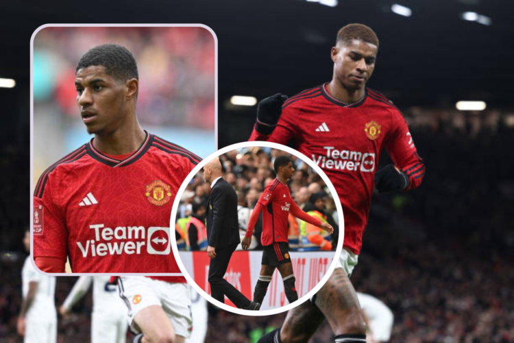 Marcus Rashford celebrating goal v Tottenham. Inset, Rashford looks on during the FA Cup semi-final, and inset, Rashford walks off as he is being s...