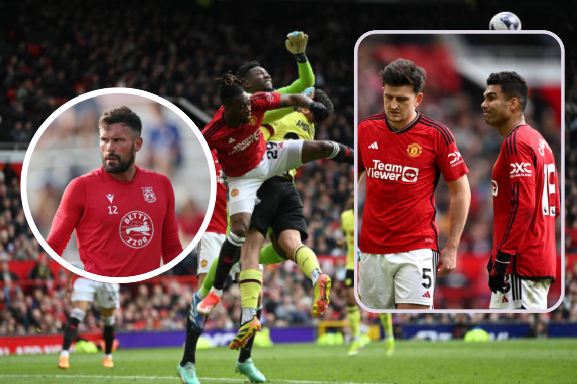 Andre Onana gives away a penalty with a foul v Burnley, left inset, picture of former goalkeeper Ben Foster. Right inset, Casemiro and Harry Maguir...