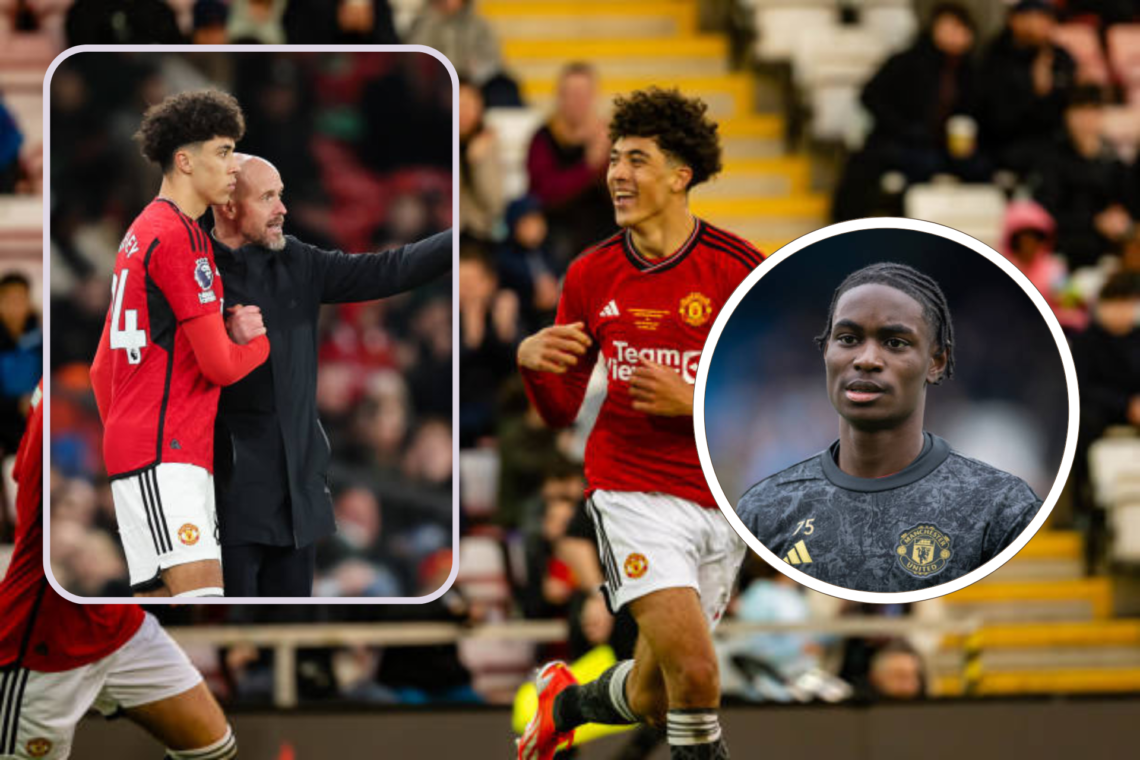 Ethan Wheatley celebrates scoring in the u18 Premier League Cup final, Habeeb Ogunneye inset. Also inset, Wheatley comes off the bench to make his ...