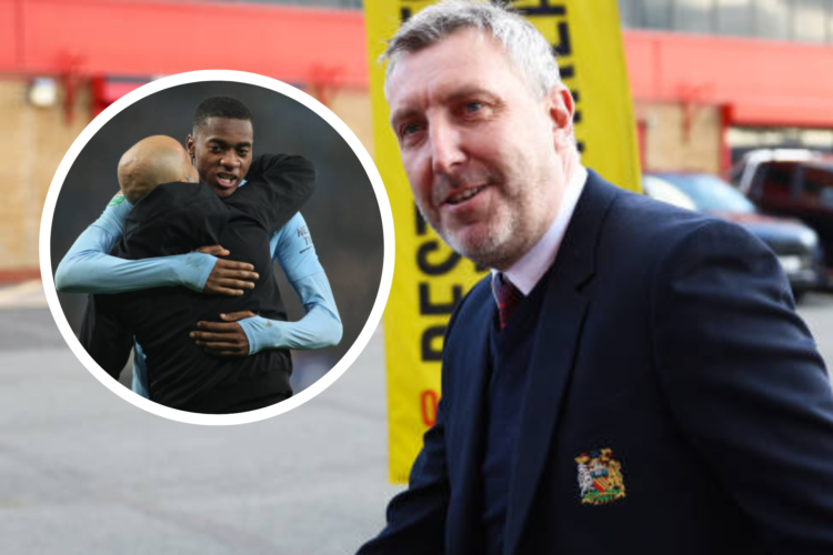 Jason Wilcox arrives at Old Trafford, inset Tosin Adarabioyo with Pep Guardiola at Manchester City in 2017