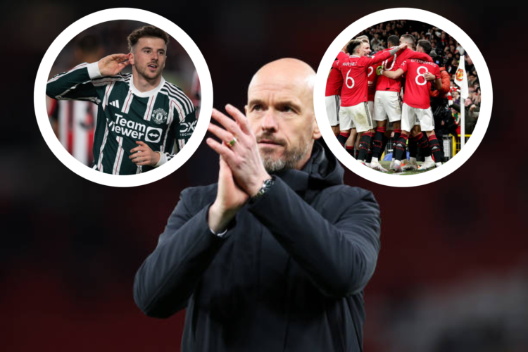 Erik ten Hag applauds Manchester United fans. Inset, Mason Mount celebrates scoring against Brentford, and Manchester United players celebrating a ...