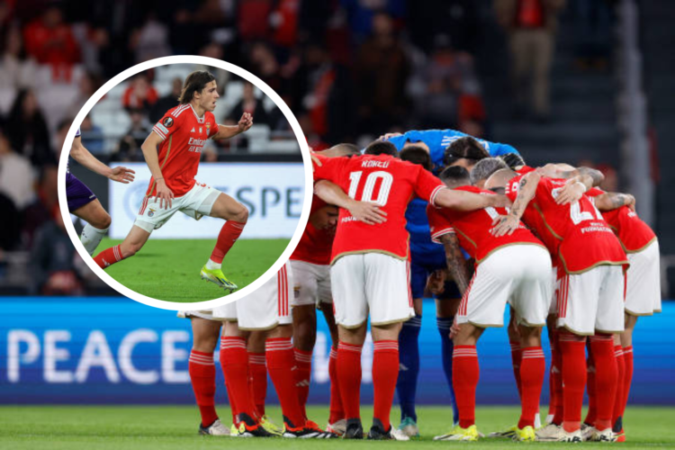 Benfica players partake in a squad huddle on the pitch before a game, inset, Alvaro Fernandez runs with the ball in possession