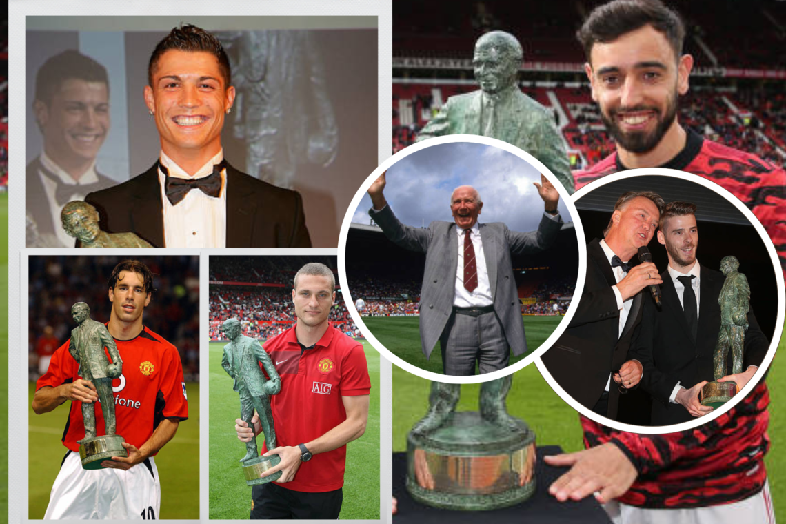 Bruno Fernandes presented with the Sir Matt Busby Award Trophy. Inset, Louis van Gaal and David de Gea at an awards ceremony, and Sir Matt Busby on...