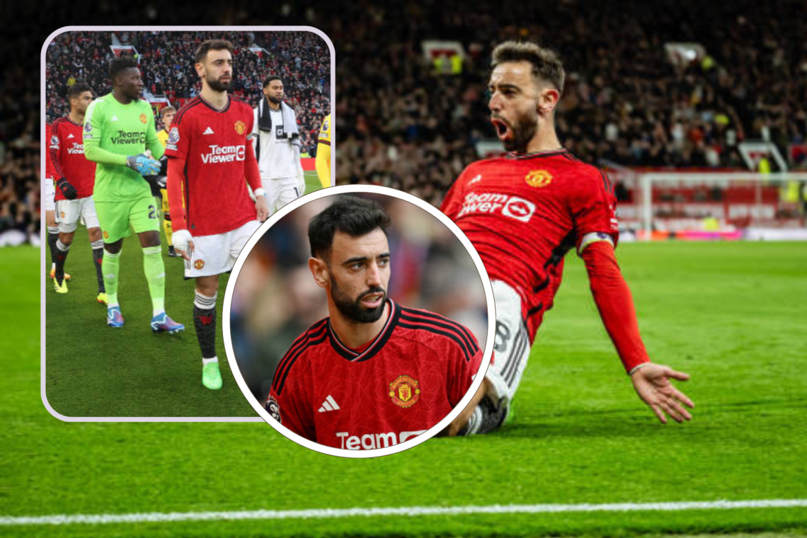 Bruno Fernandes celebrates scoring for Manchester United against Sheffield United. Inset Fernandes leads the team out as captain against Burnley. C...