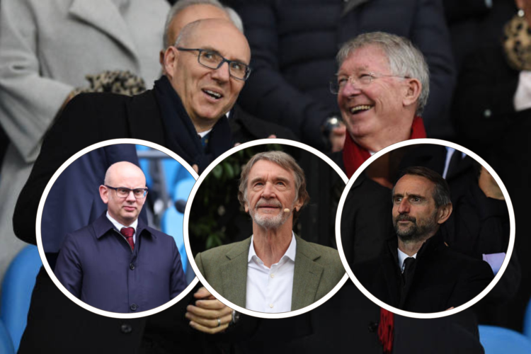 Sir Alex Ferguson and outgoing Manchester United chief financial officer Cliff Baty. Inset, headshots of Patrick Stewart, Sir Jim Ratcliffe, Jean-C...