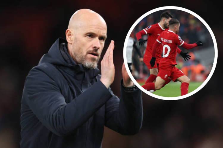 Erik ten Hag applauds supporters. Inset, image of Liverpool players Dominik Szoboszlai and Alexis Mac Allister