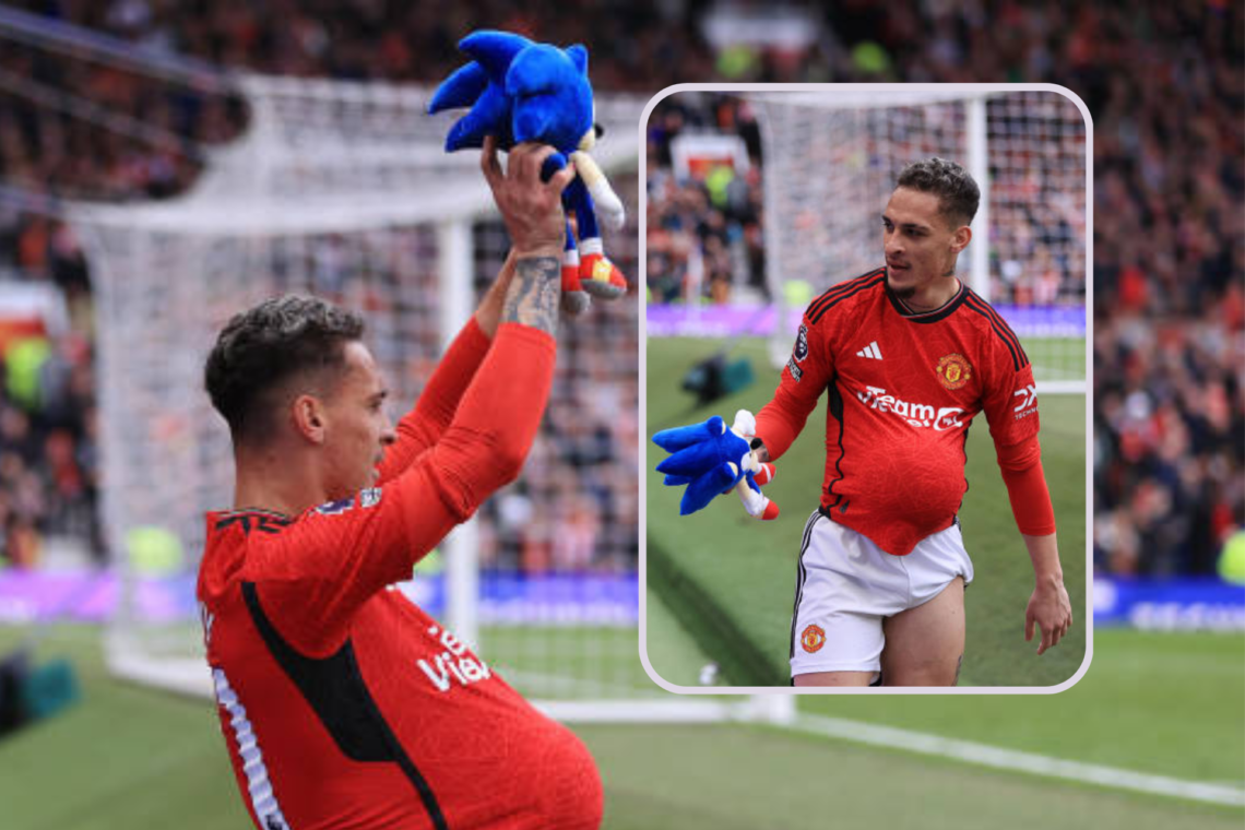 Antony celebrates with a ball under his shirt holding a Sonic the Hedgehog teddy bear after scoring their 1st goal during the Premier League match ...