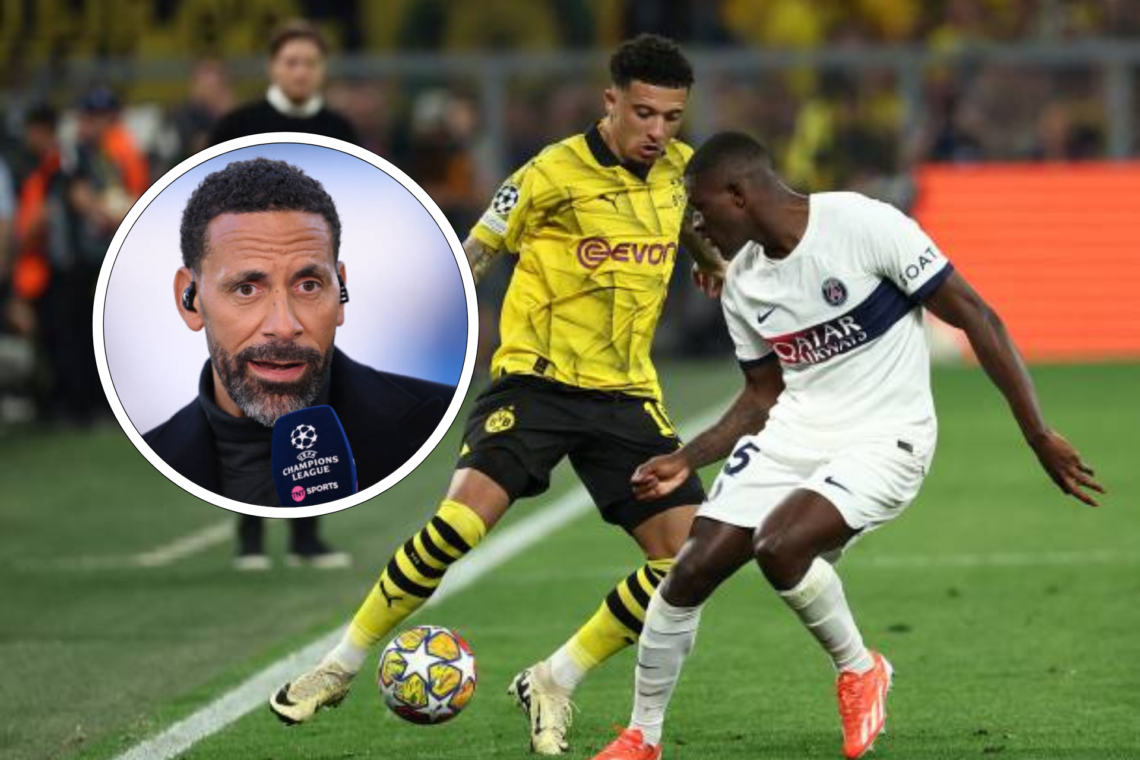 Jadon Sancho dribbles for Borussia Dortmund v PSG, Rio Ferdinand inset