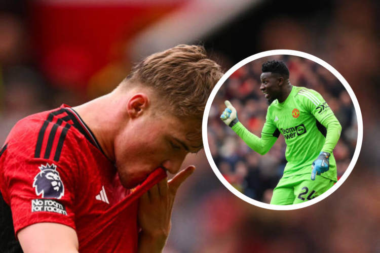 Rasmus Hojlund looks dejected after missing a chance for Manchester United. Inset image of Andre Onana pointing