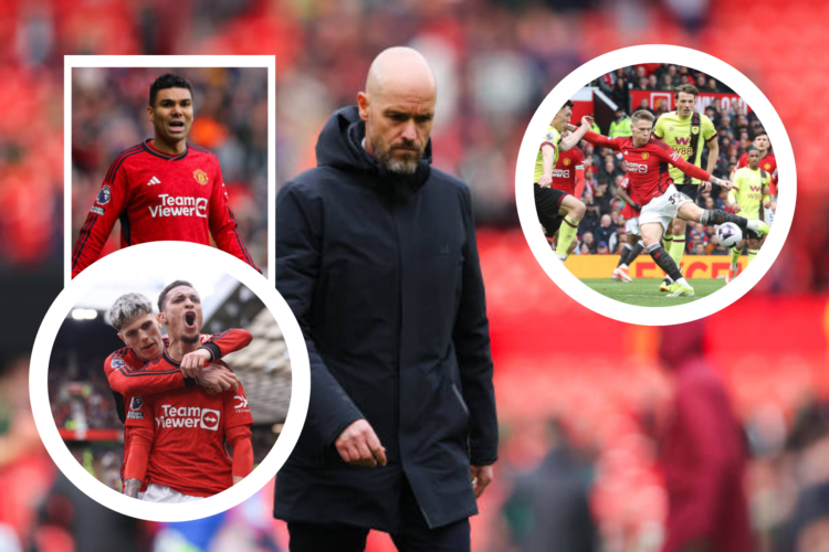 Erik ten Hag walks off after Manchester United v Burnley. Inset images of Casemiro, Antony and Alejandro Garnacho celebrating, and Scott McTominay ...