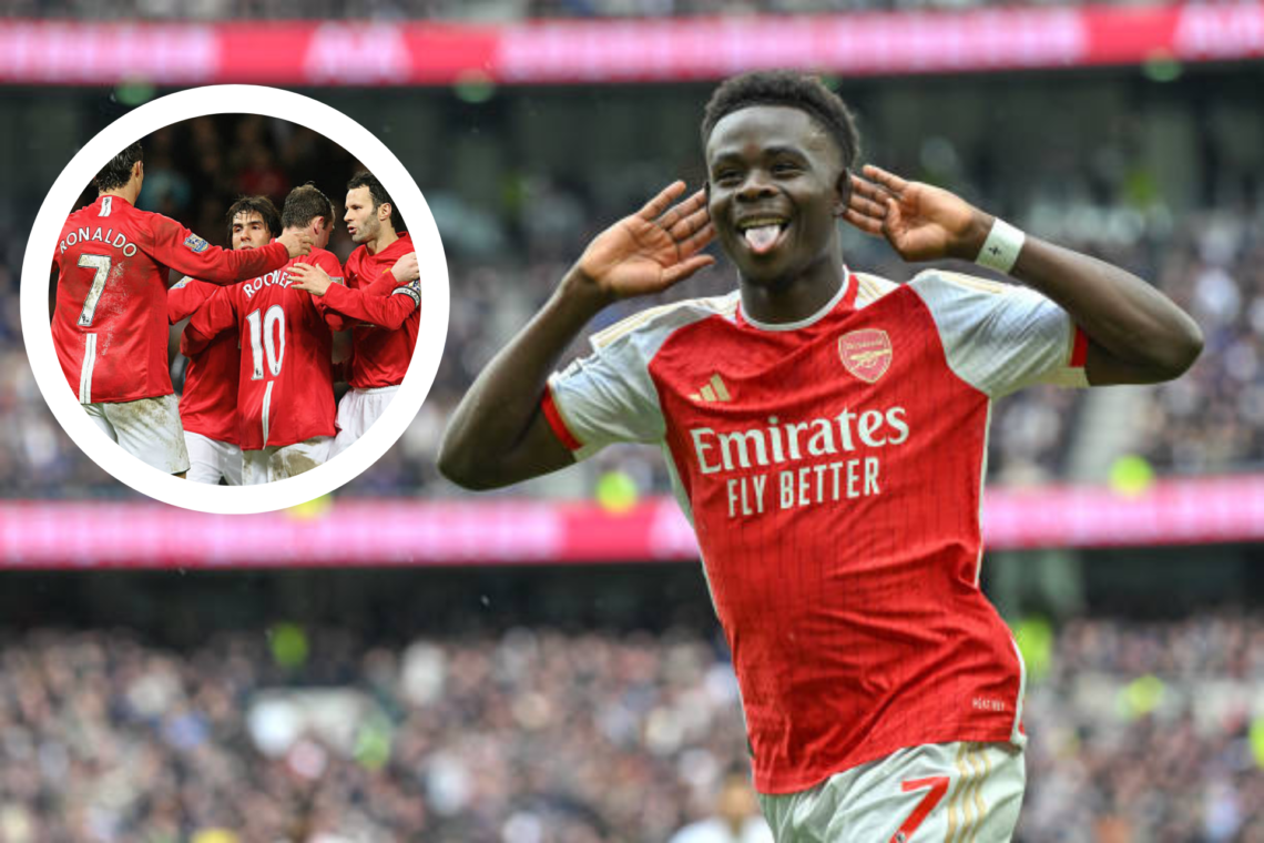 Arsenal's Bukayo Saka celebrates after scoring vs Tottenham Hotspur with an overlay of Man Utd players celebrating a Cristiano Ronaldo goal vs Newc...