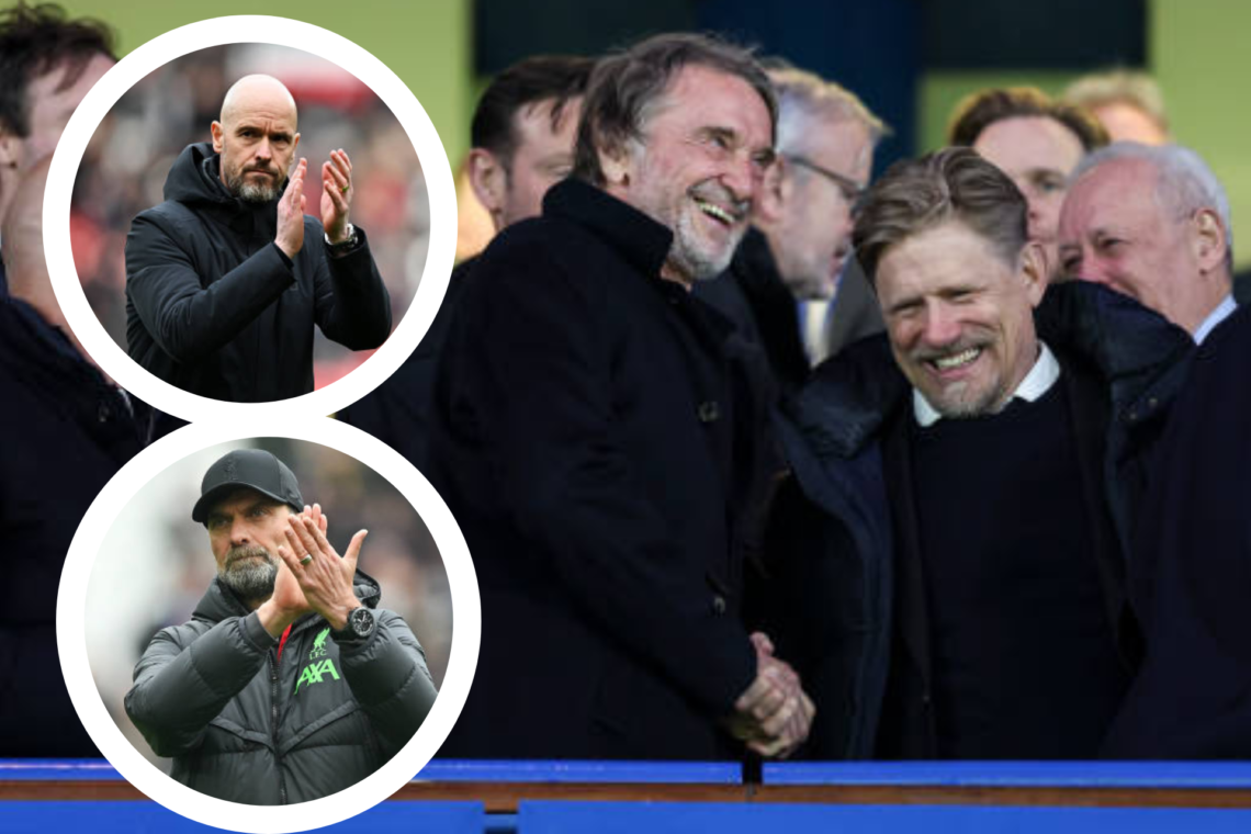 Peter Schmeichel pictured with Sir Jim Ratcliffe at Stamford Bridge for Manchester United v Chelsea. Inset, an image of United boss Erik ten Hag, a...