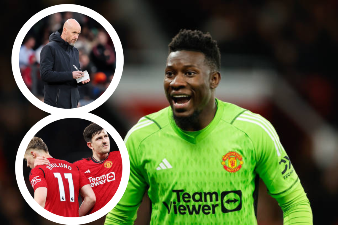 Andre Onana pictured playing for Manchester United. Images of Erik ten Hag and Harry Maguire inset