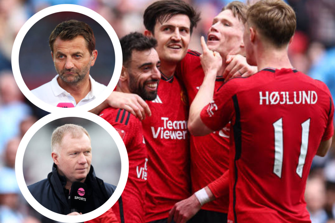 Bruno Fernandes, Harry Maguire, Scott McTominay and Rasmus Hojlund celebrate for Manchester United. Inset two images of Tim Sherwood and Paul Schol...