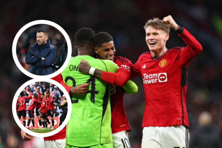 Andre Onana, Marcus Rashford, Scott McTominay celebrate a Manchester United win. Inset, former United player Phil Bardsley. Second inset, United pl...