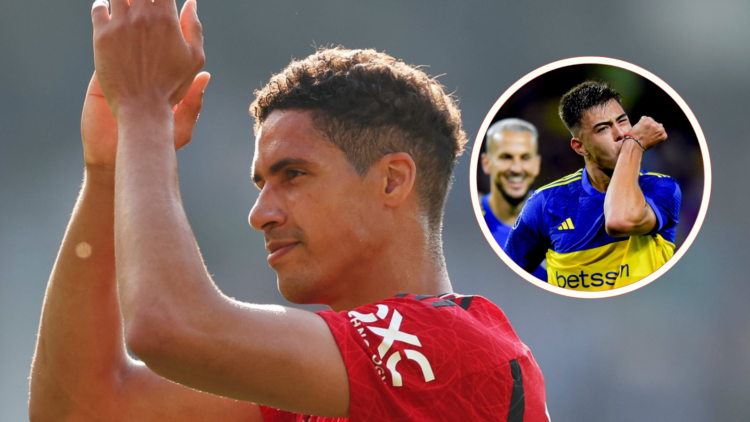 Raphael Varane applauds Manchester United fans after beating Brighton, inset Aaron Anselmino celebrates a goal by kissing his wrist.