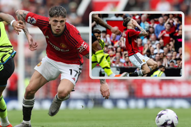 Alejandro Garnacho competes for the ball, inset, Garnacho with his head in his hands