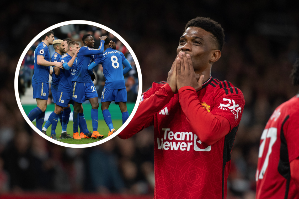 Amad kisses towards the crowd after scoring. Inset, Iheanacho and Leicester celebrate in 2018