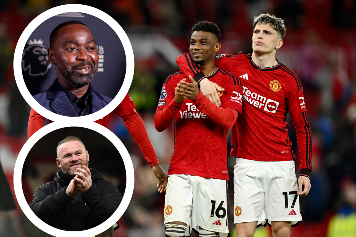 Amad celebrates with Alejandro Garnacho. Inset, Andy Cole and Wayne Rooney headshots