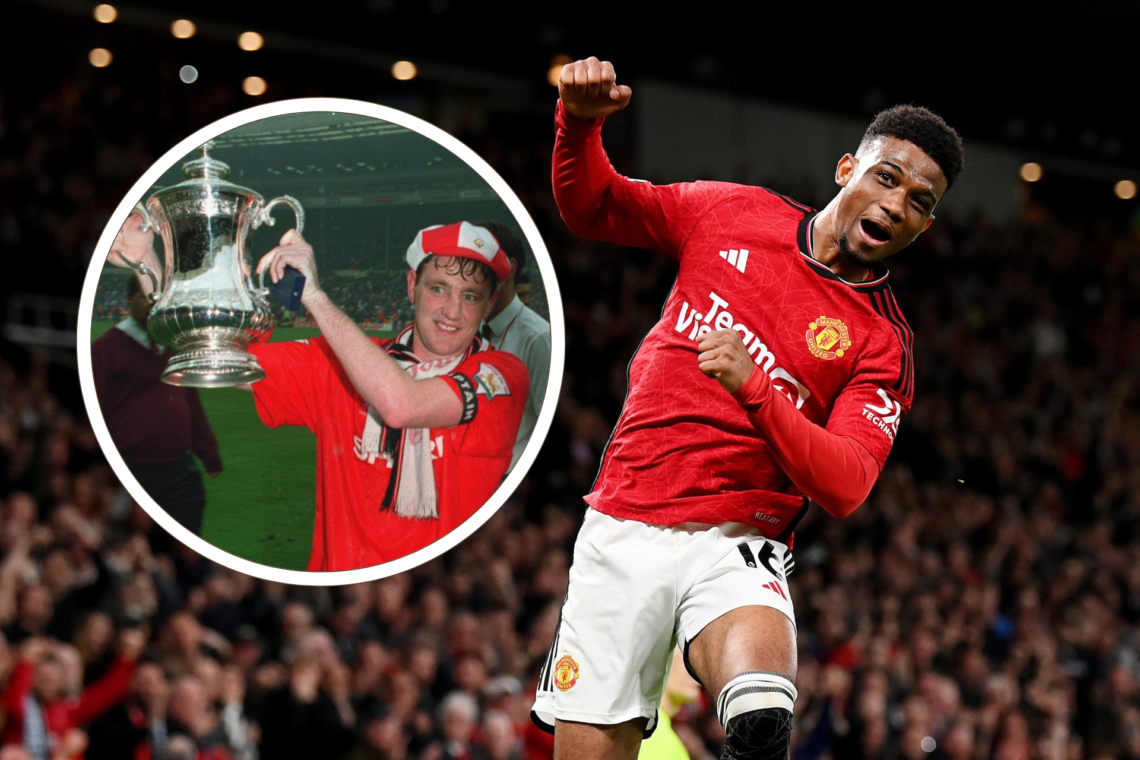 Amad punches the air after scoring for Manchester United. Inset, Steve Bruce lifts the FA Cup in 1994