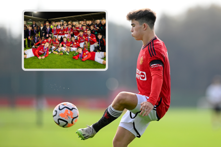 Harry Amass kicks the ball in the air. inset, Manchester United squad photo after under-18s Premier League Cup win