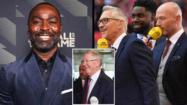 Andy Cole at the Premier League Hall of Fame 2024 event alongside Alan Shearer. An overlay of images included, featuring Gary Lineker and former Ma...