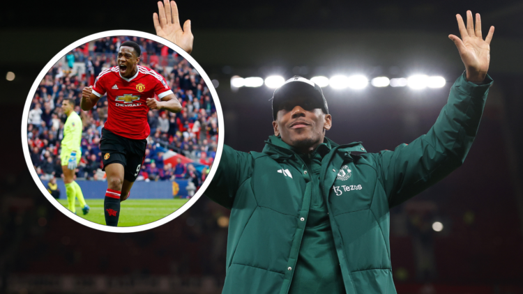 Anthony Martial waves goodbye to Manchester United, inset, scoring for United in 2015