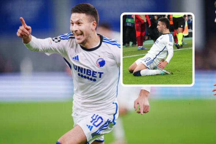 Roony Bardghji celebrates scoring v Manchester United, inset, celebration sliding to the turf