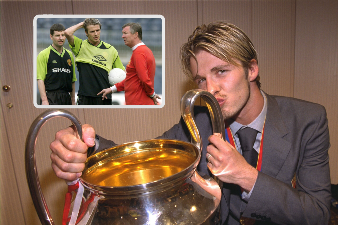 David Beckham kisses the European Cup. Inset, Beckham looks confused, Denis Irwin and Sir Alex Ferguson listen to instructions