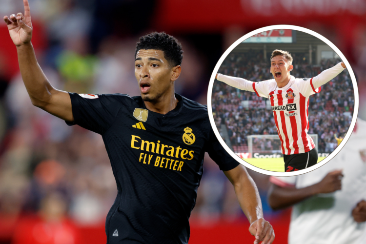 Jude Belligham in action for Real Madrid, inset, Chris Rigg celebrates for Sunderland