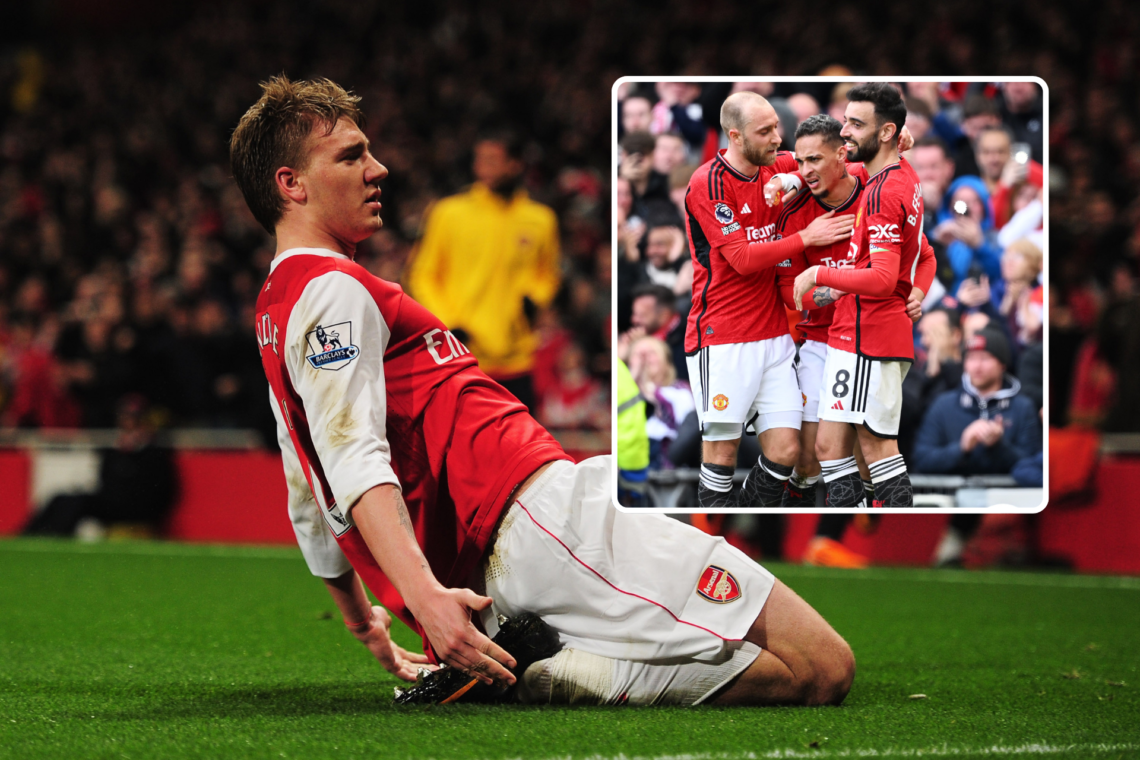 Nicklas Bendtner celebrates scoring for Arsenal with a kneeslide, and inset, Christian Eriksen, Antony, Bruno Fernandes celebrate a goal
